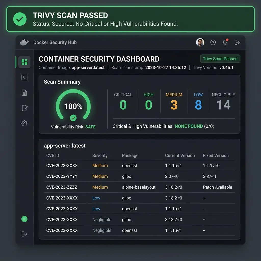 Trivy security scan dashboard showing zero critical vulnerabilities