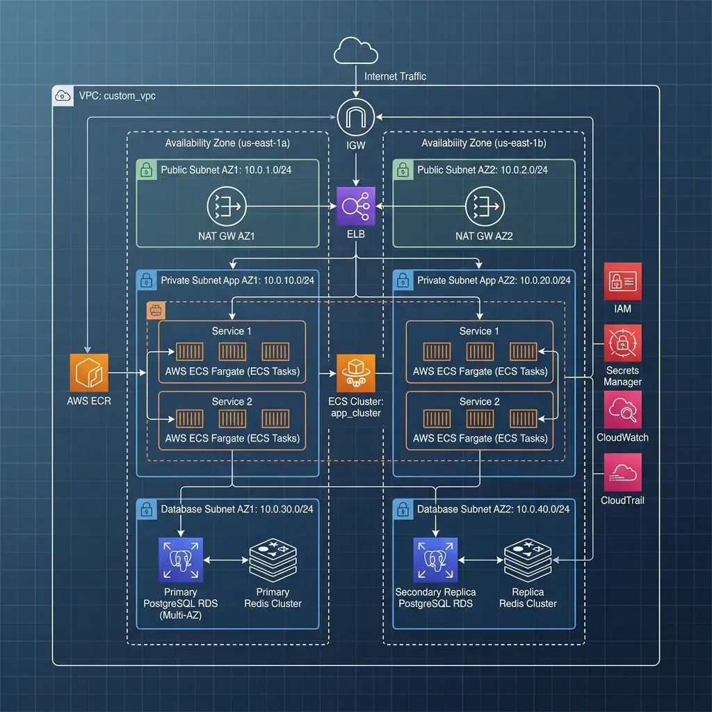 AWS Cloud VPC architecture diagram showing public subnets and private ECS tasks