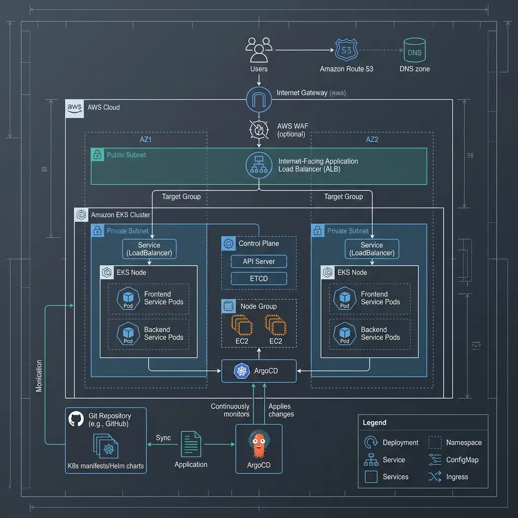 Kubernetes EKS cloud architecture diagram with Ingress, pods, and ArgoCD sync
