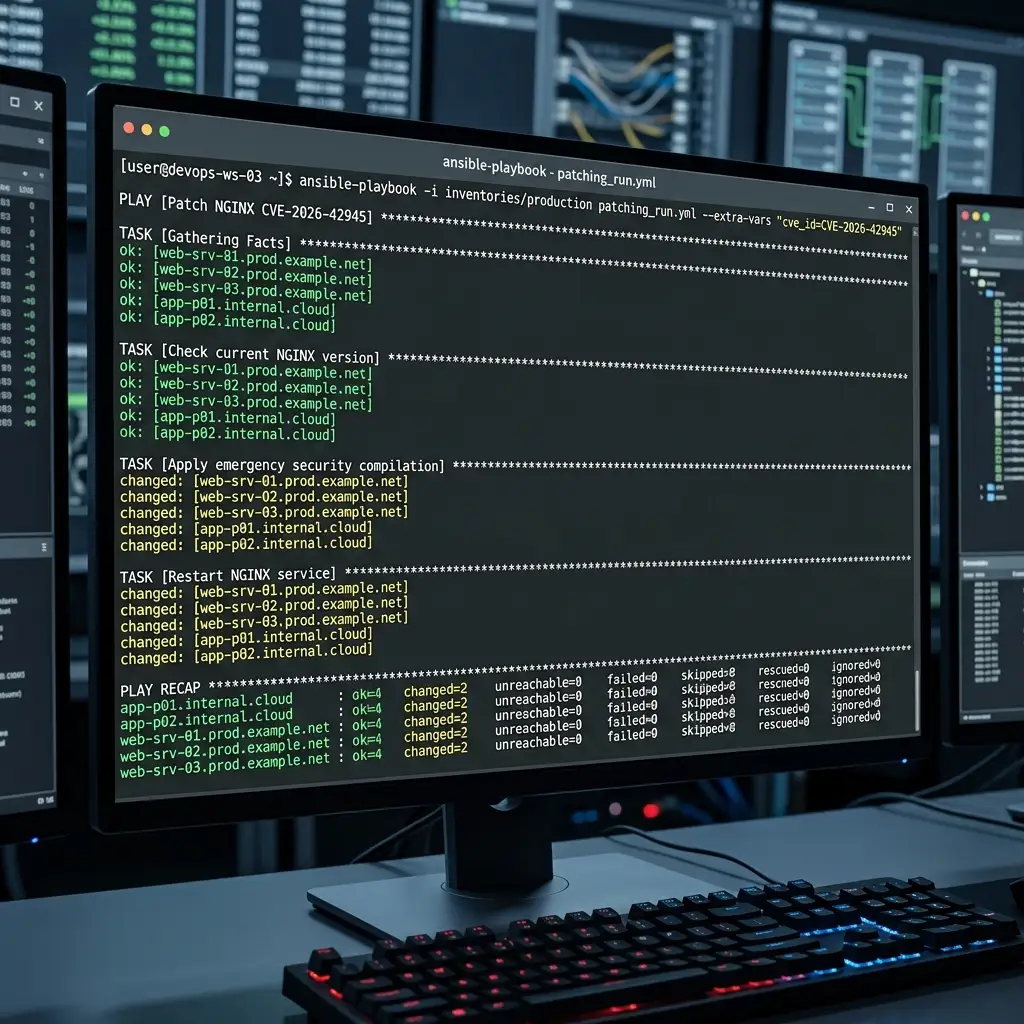 Terminal showing Ansible playbook executing NGINX vulnerability patching successfully